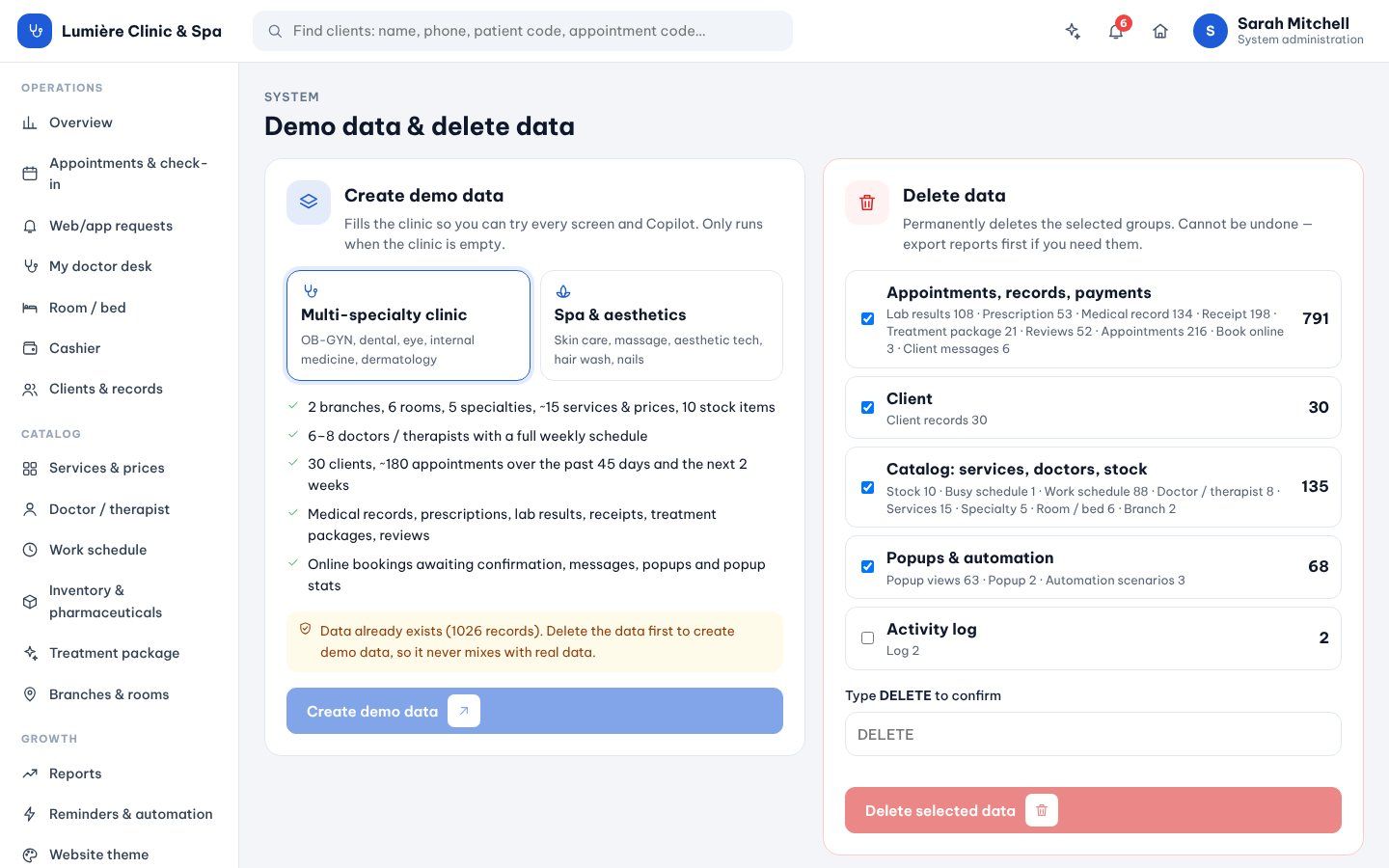 Demo data & reset