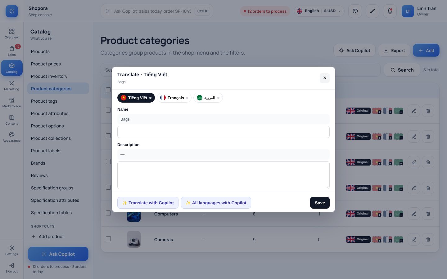 Translate a category without leaving the list.