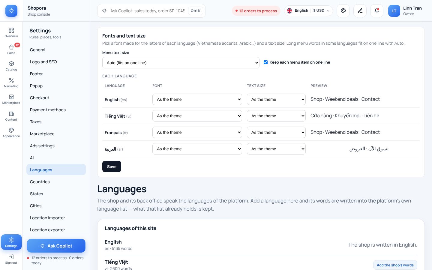 A font and a size per language, with a live preview.