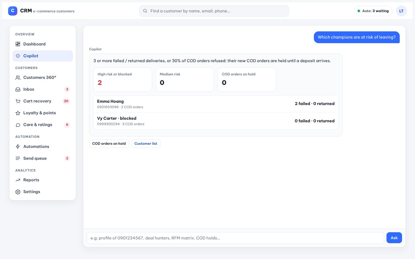Copilot answering “Which customers are at risk?” with the real list.