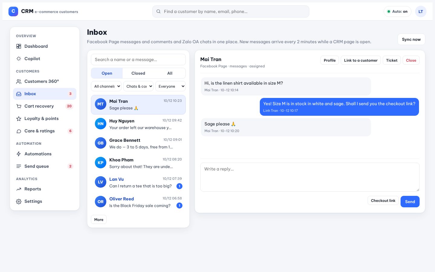 The inbox with a Facebook conversation open.