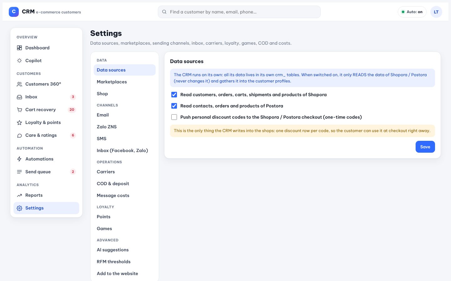 Settings → Data sources: the CRM reads Shopora and Postora, never changes them.