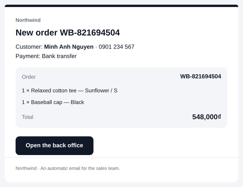 Every new order, from the web or typed in, is emailed to your team.