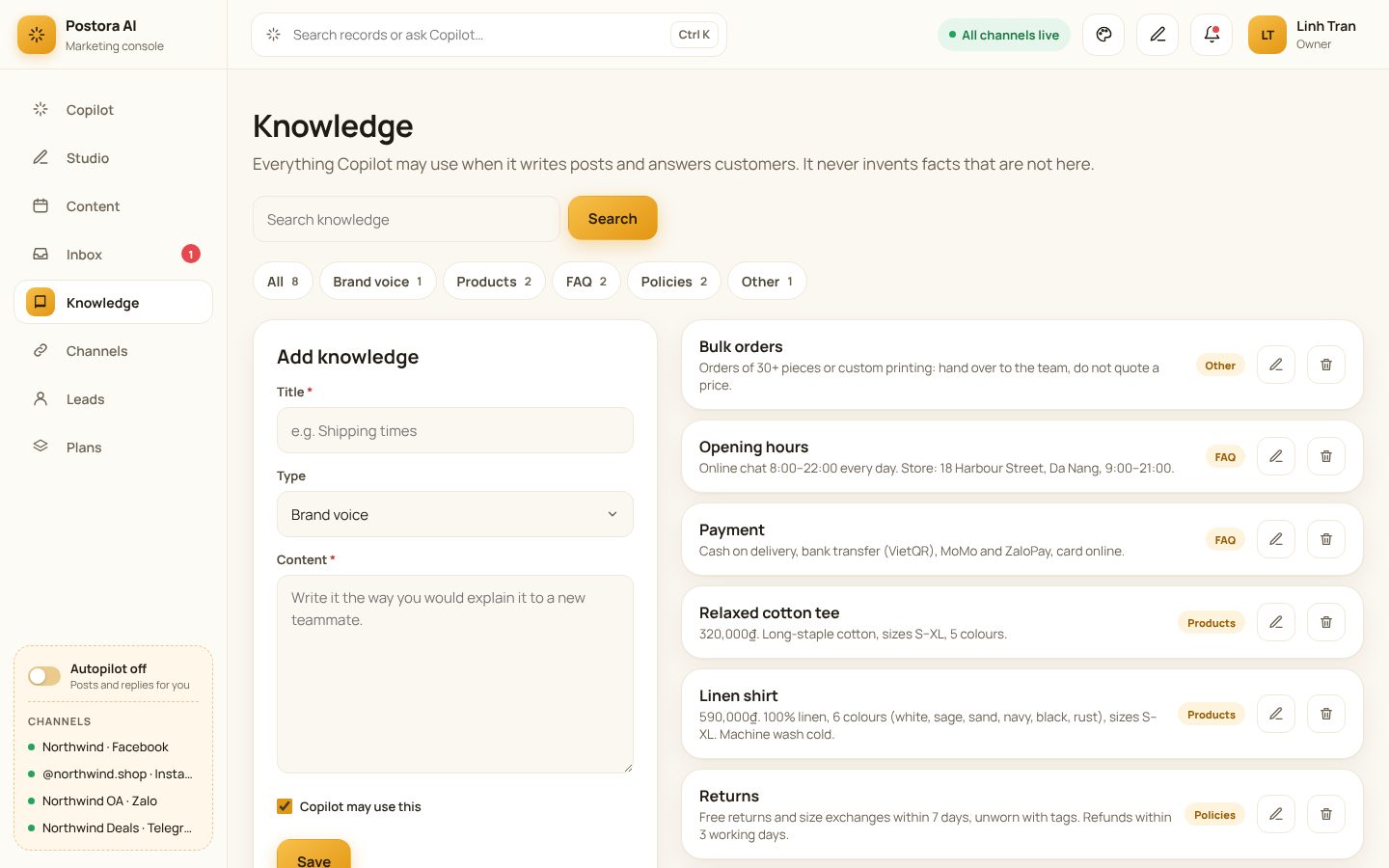 Knowledge items by type: brand voice, products, FAQ, policies.