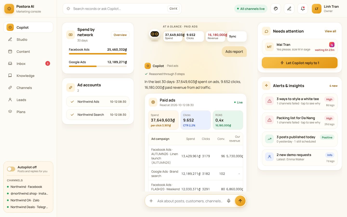 Spend by network next to paid revenue.