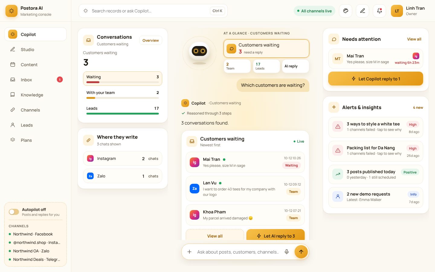 “Which customers are waiting?” — the answer, with a button to let AI reply to all of them.