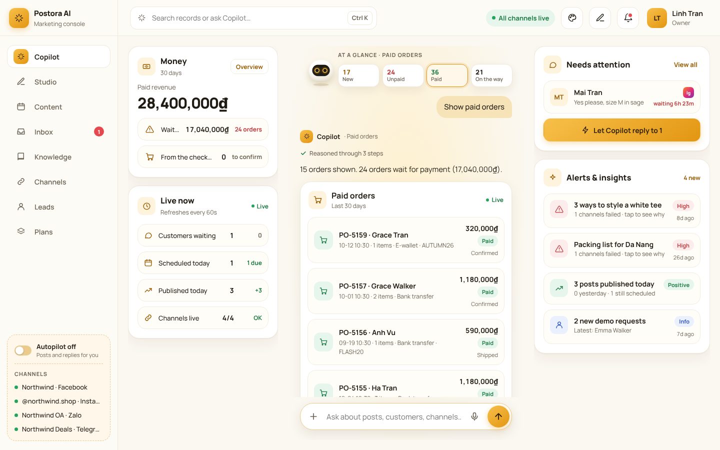 Paid orders with payment method and campaign.