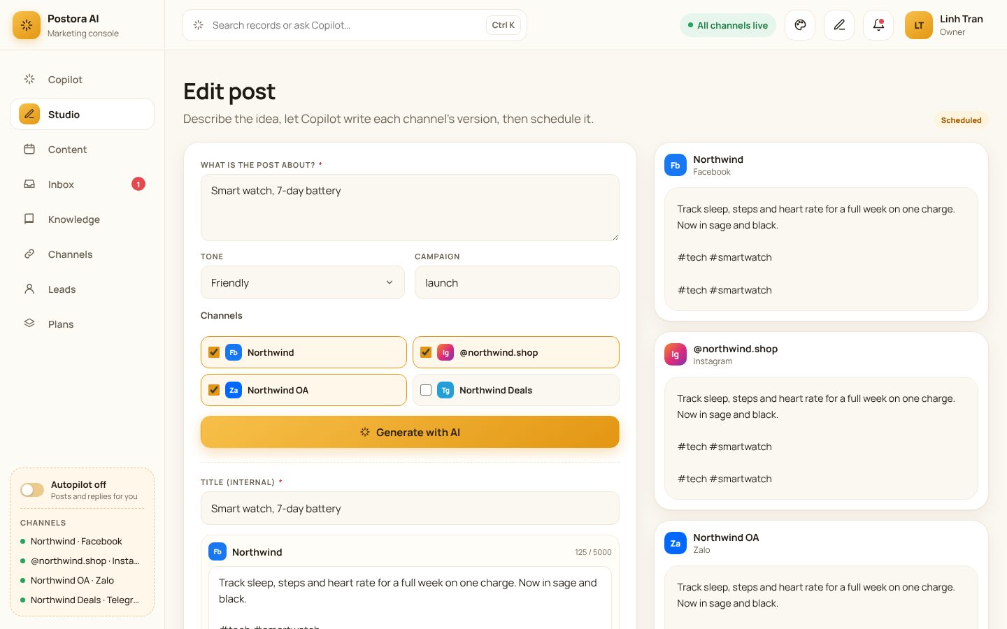 Editing a scheduled post: one version per channel, side by side.