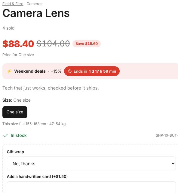 Sale price, −15% badge and the countdown on the product page.