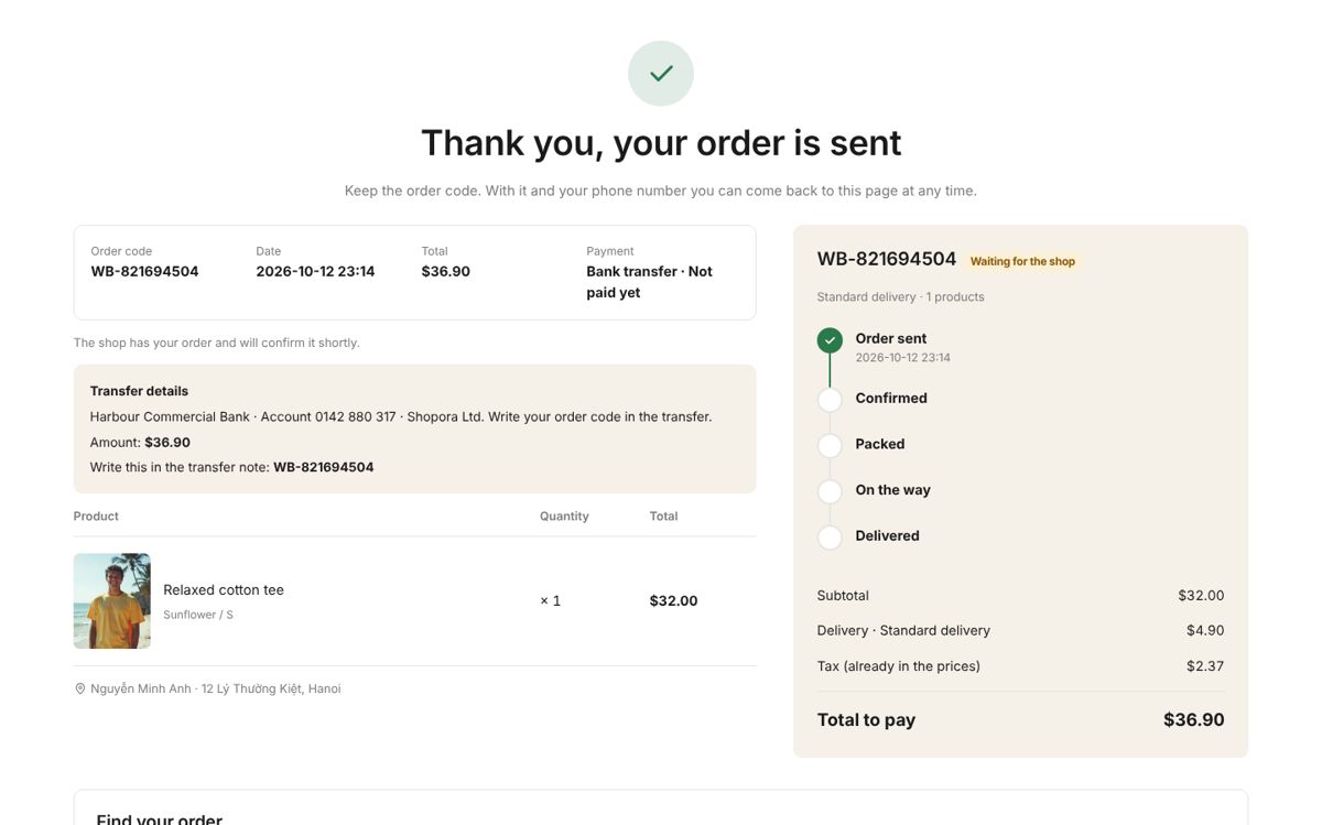 What the buyer sees right after ordering: order code, amount and transfer details.