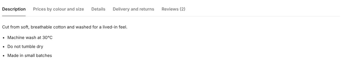 Description, details and delivery tabs under the product.