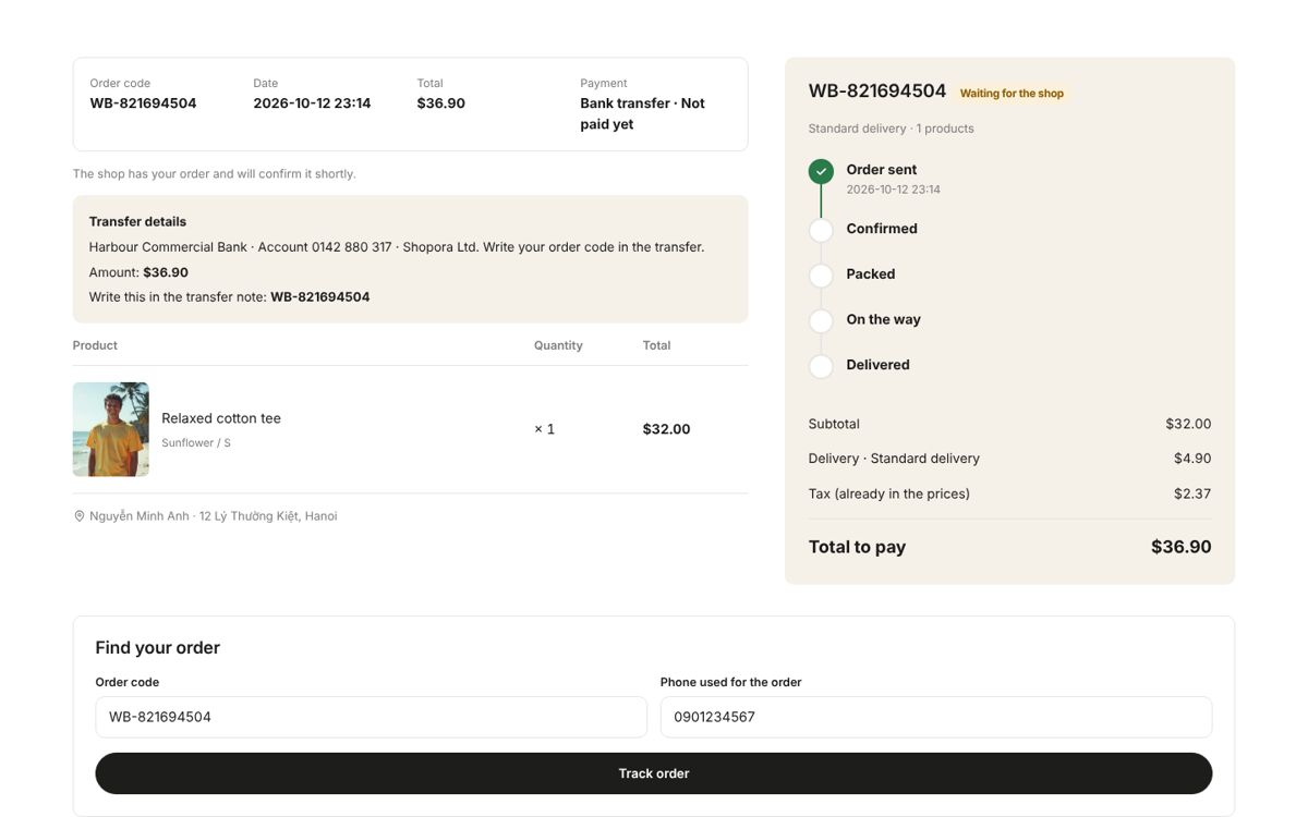 Order tracking: sent → confirmed → packed → on the way → delivered.