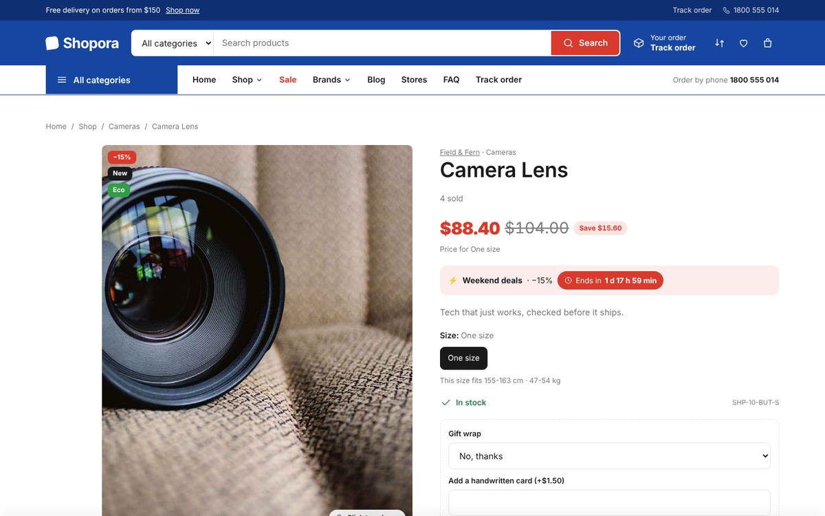 What the customer sees after you save: price, price before discount, sizes, stock and extra options.