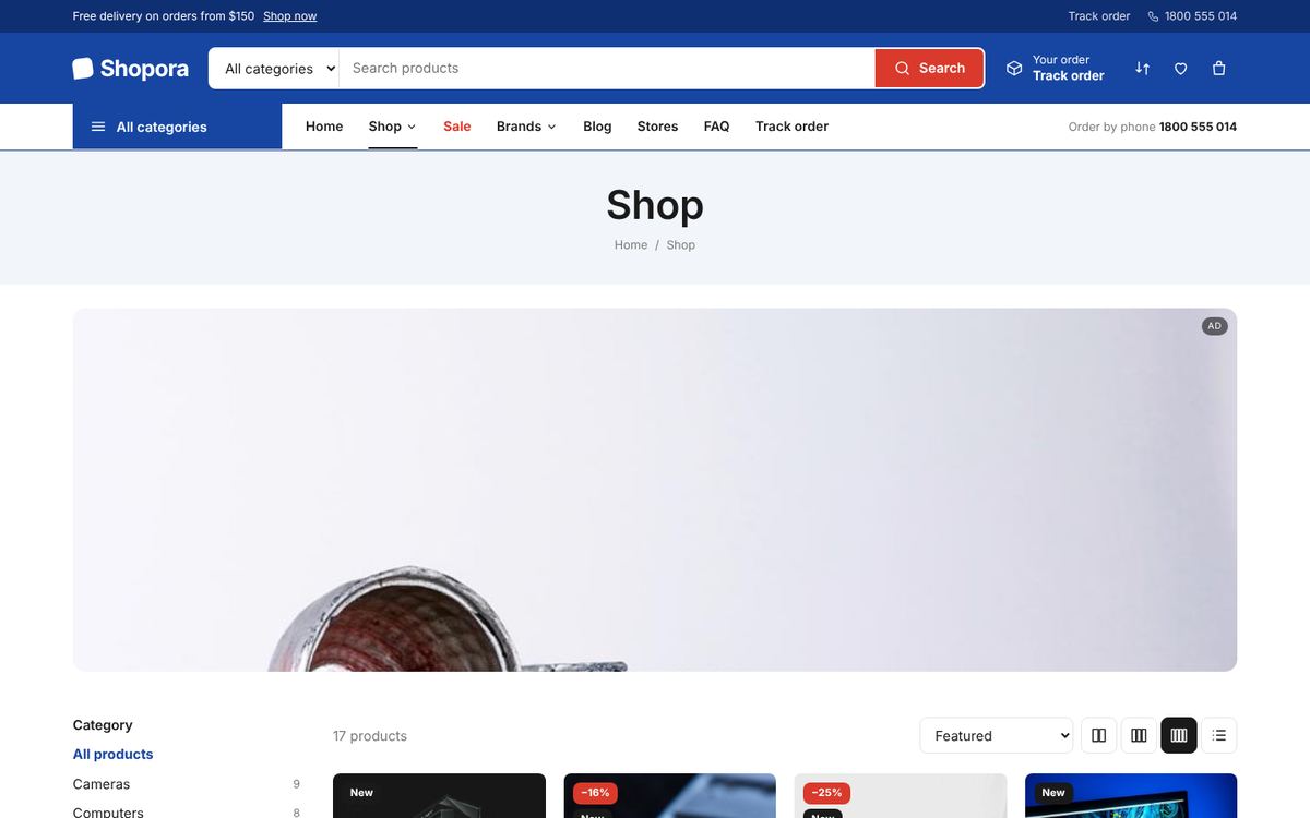 The Shop page: filters by category, sorting and grid size.